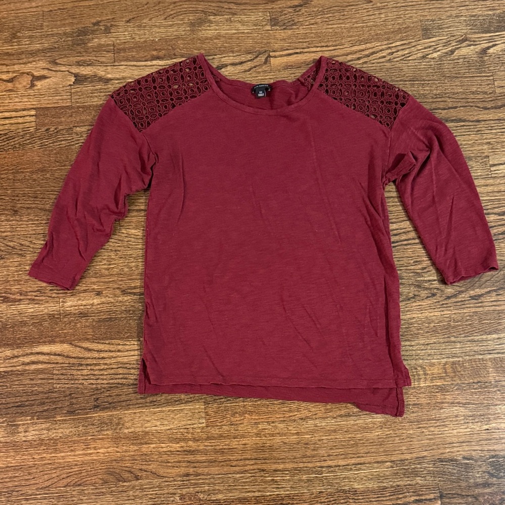 Ann Taylor Burgundy Lace Shoulder 3/4 Sleeve Top